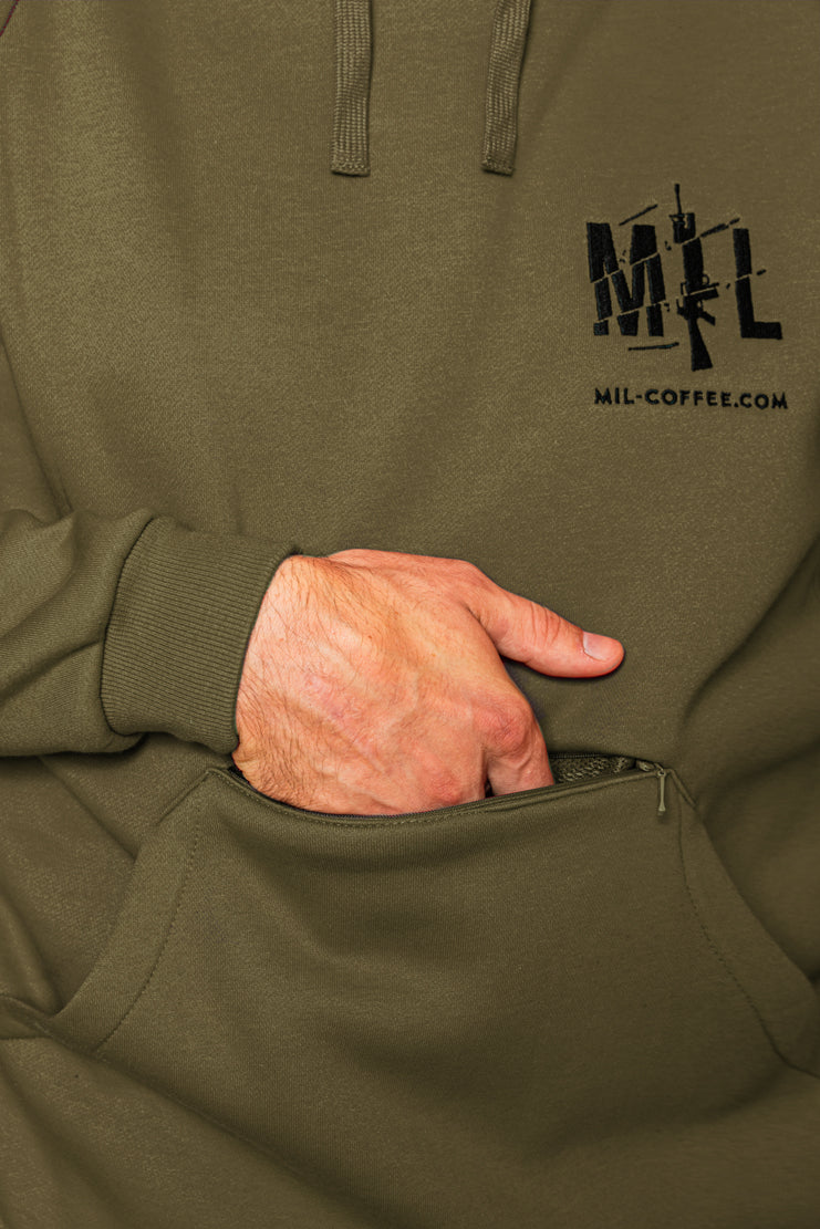 Mil-Coffee hoodie olive front pocket open