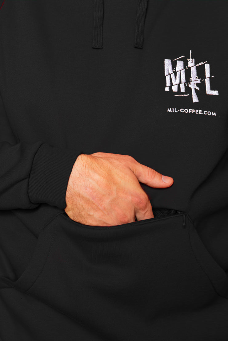 Mil-Coffee hoodie black front pocket open