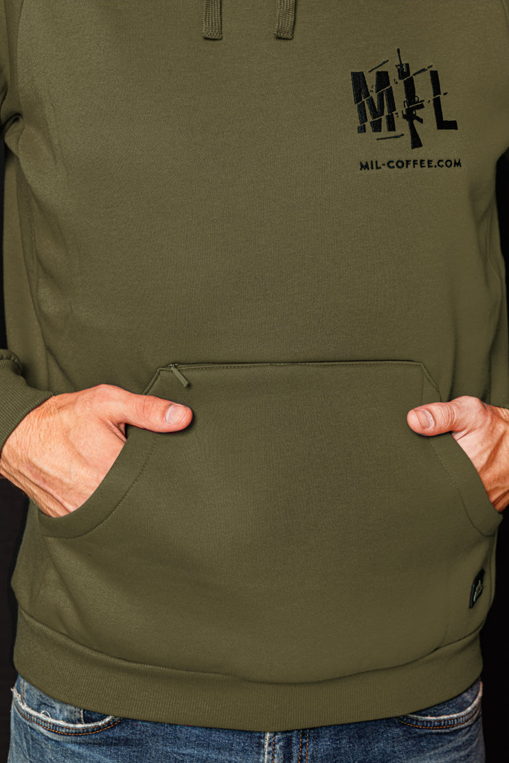 Mil-Coffee hoodie olive front pocket