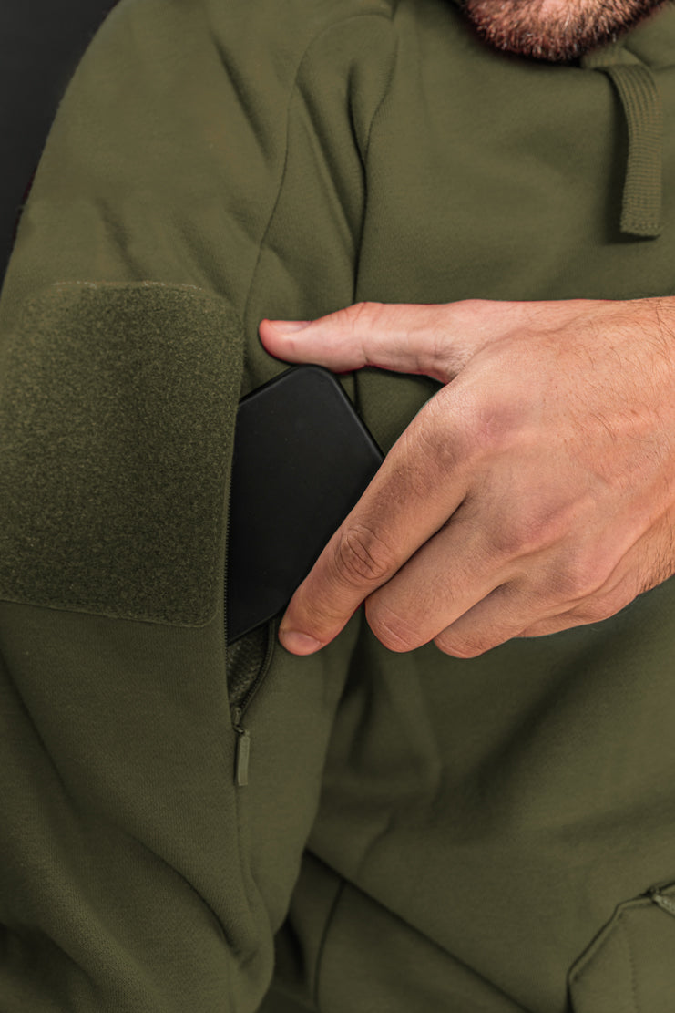 Mil-Coffee hoodie olive hand pocket