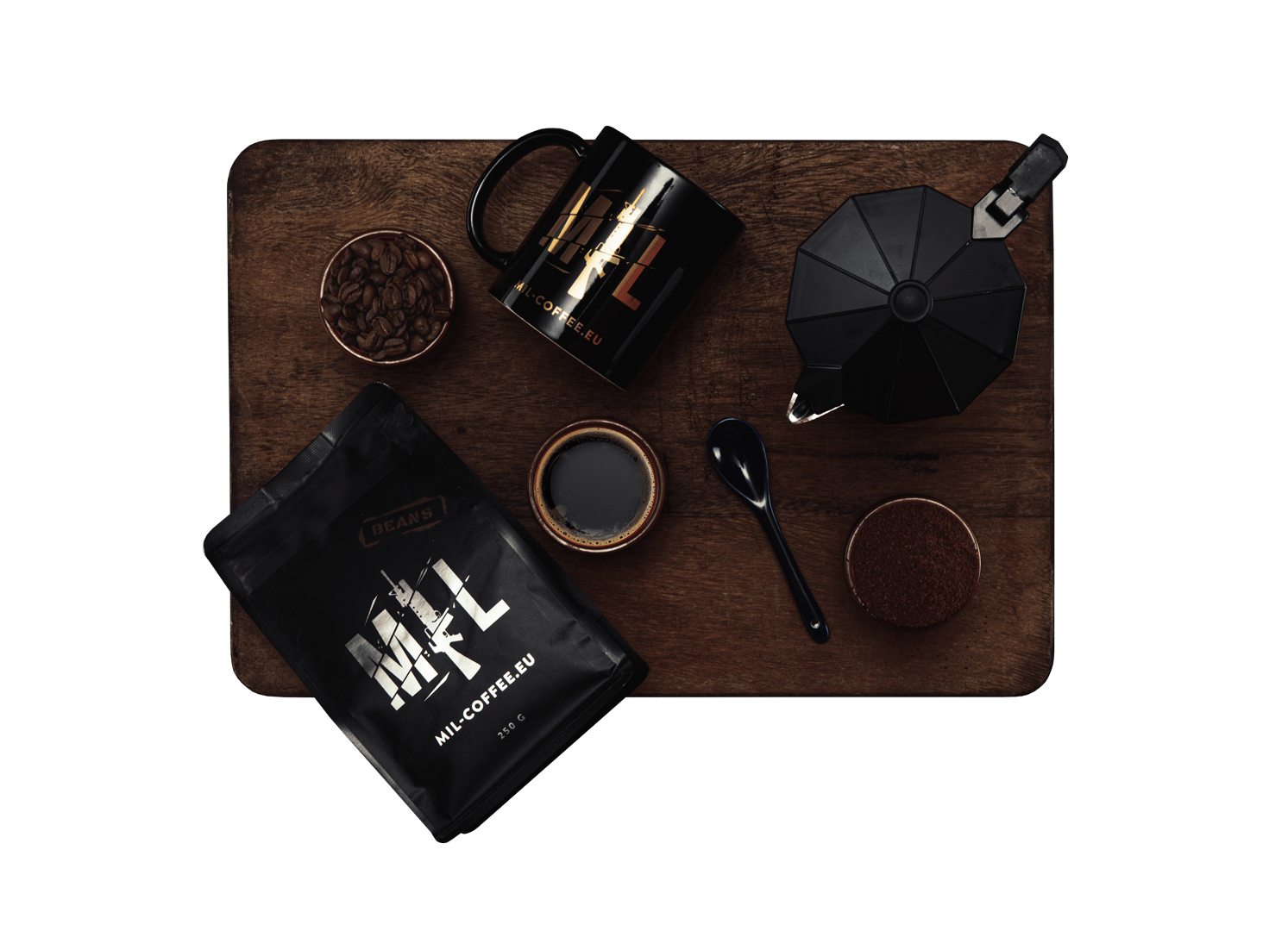 All products made by Mil-Coffee including mugs, coffee beans, etc.