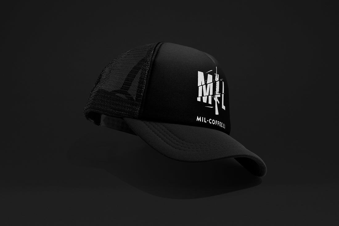 Black curved visor mesh cap sold by Mil-Coffee