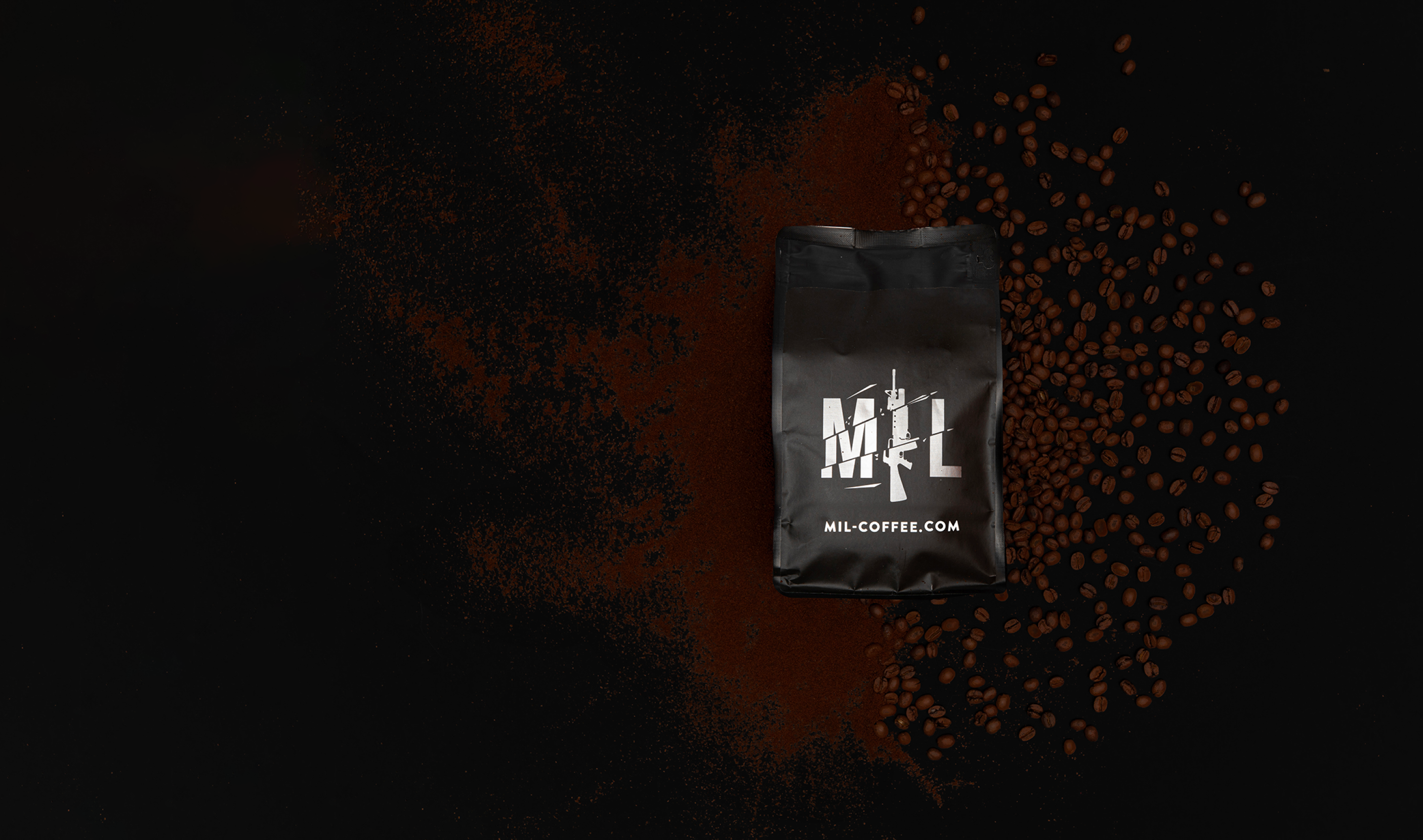 Mil-Coffee beans package with coffee beans underneath it.